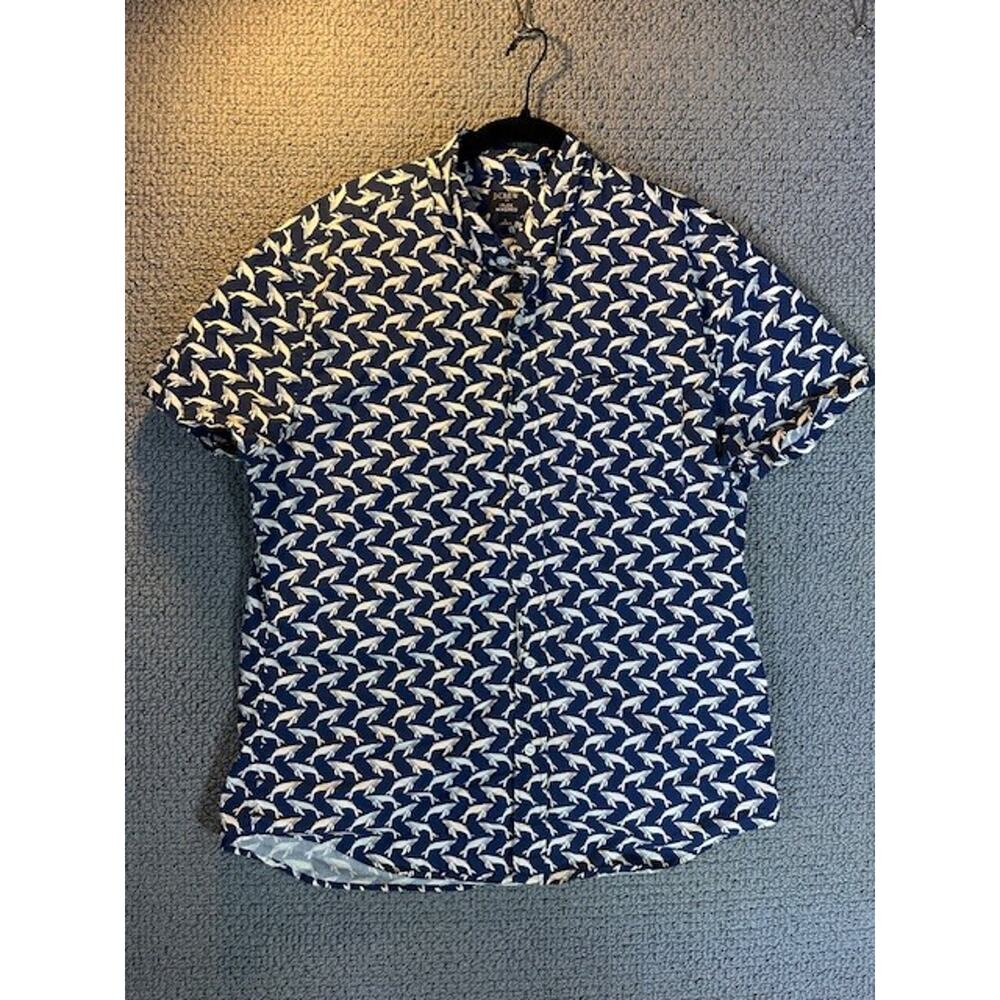 J Crew Flex Washed Whale Print Button Down Shirt Short Sleeve / Men Large